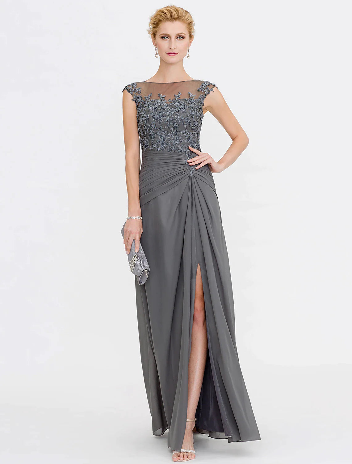 Wholesale A-Line Mother of the Bride Dress Wedding Guest Elegant See Through Bateau Neck Floor Length Chiffon Lace Sleeveless with Side Draping Fall